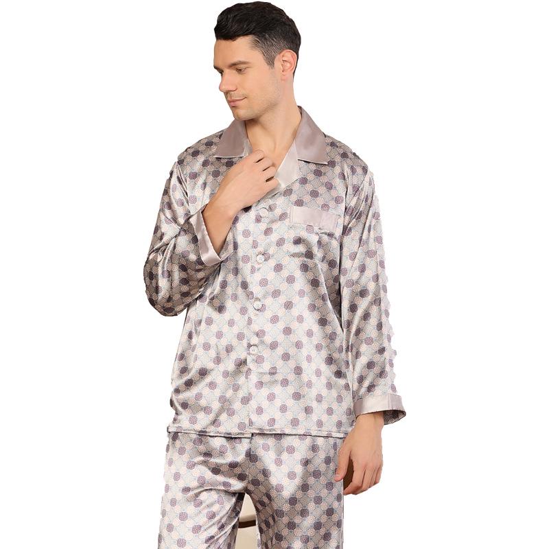 Men's Silk Print Pajamas Set - Long Sleeve Ice Silk Sleepwear for Spring/Summer, Plus Size Available