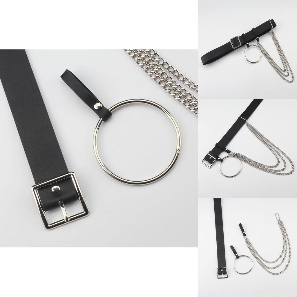 Fashionable Black Waist Belt With Circular Ring And Chain Tassel For Men And Women Fashion Accessory