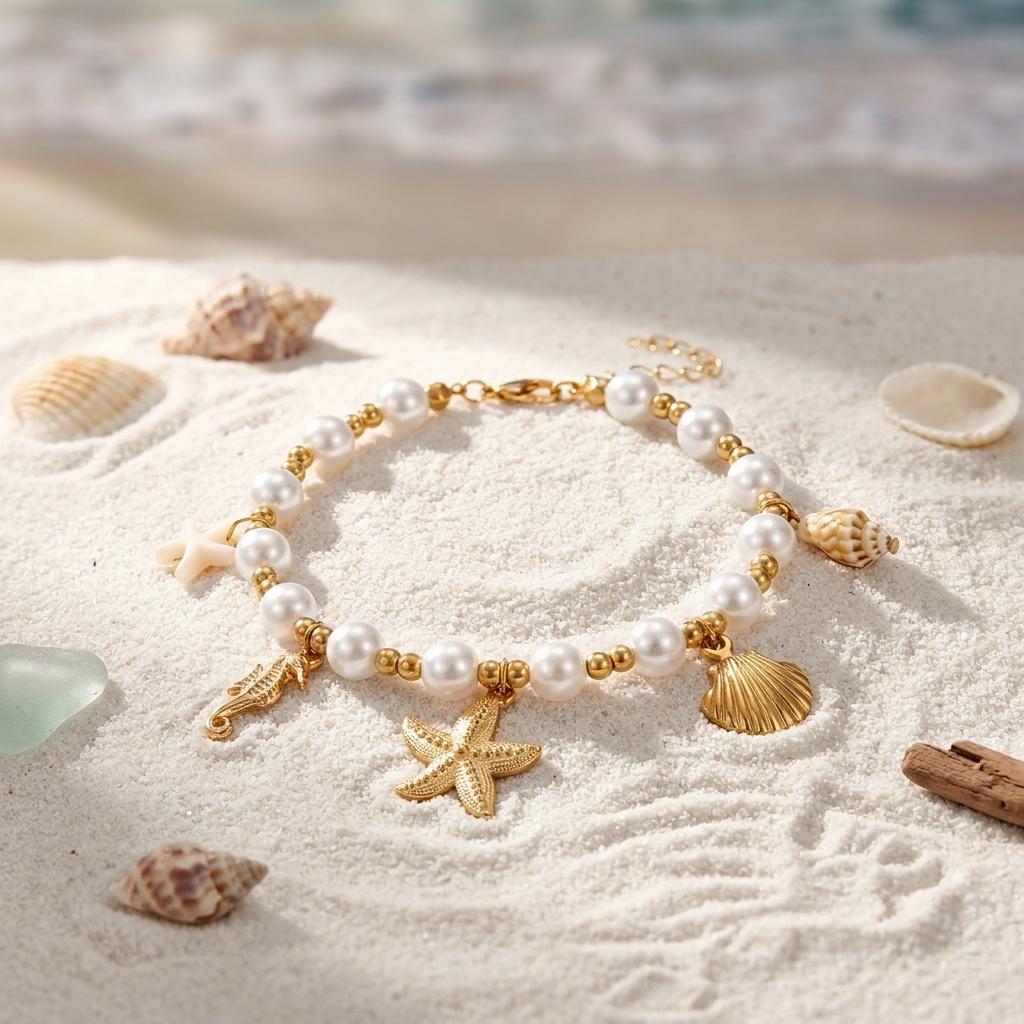 Bohemia Elegant Imitation Pearls Anklet for Women Starfish Seahorse Shell Conch Pendant Bracelet On Leg Beach Barefoot Jewelry