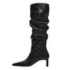 Black Soft Leather Winter Knee Boots Women Sexy Pointy Toe Pleated Kitten Heel Designer Boot Elegant Commuter Botas Largas Mujer