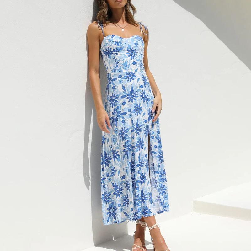 

2023 Платье с цветочным принтом и подтяжками было свежим и милым с платьем на шнуровке