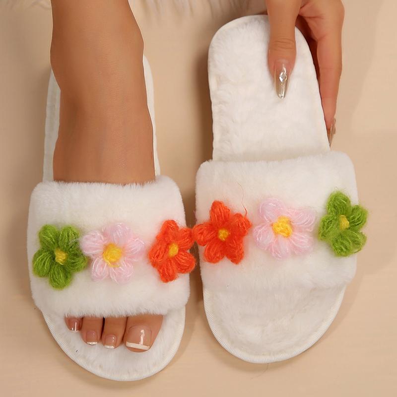 Fashion Mix Color Flower Cotton Slippers for Women Winter 2025 Slip On Open Toe Plush Slides Woman Soft Faux Fur Cotton Slippers Female