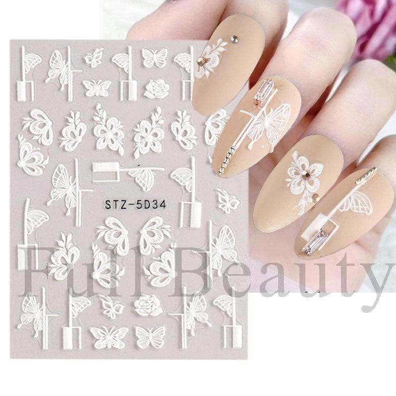 1 Sheet 5D Simple Flowers Nail Embossed Stickers Elegrant Wedding Design Adhesive Sliders Summer Textured Engraved Nail Decoration