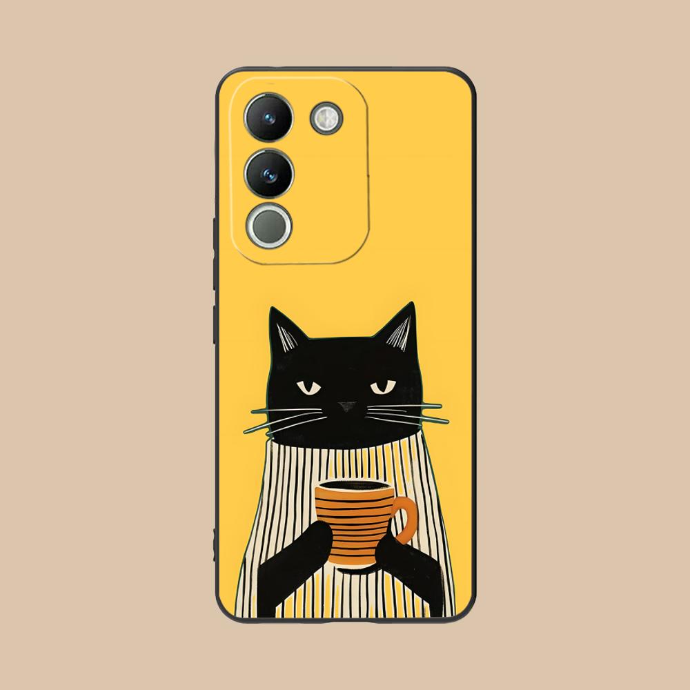 Cute Coffee Cat Matte TPU Mobile Phone Case for VIVO V60 V50 V40 V30 V29 V27 V25 V23 Pro Lite 5G Colorful Printing Cover