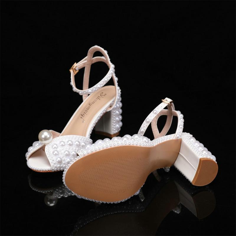 Fashion Sweet Handmade Pearl Stiletto Line With Shallow Cut Party Wedding Shoes Thick Heels High Heels For Women