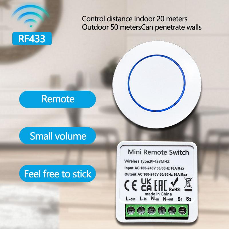 Wireless 433MHz Remote Control Switch Mini Round Button Panel Switch 16A Relay Receiver Module 100-240V LED Lamp DIY Home Auto