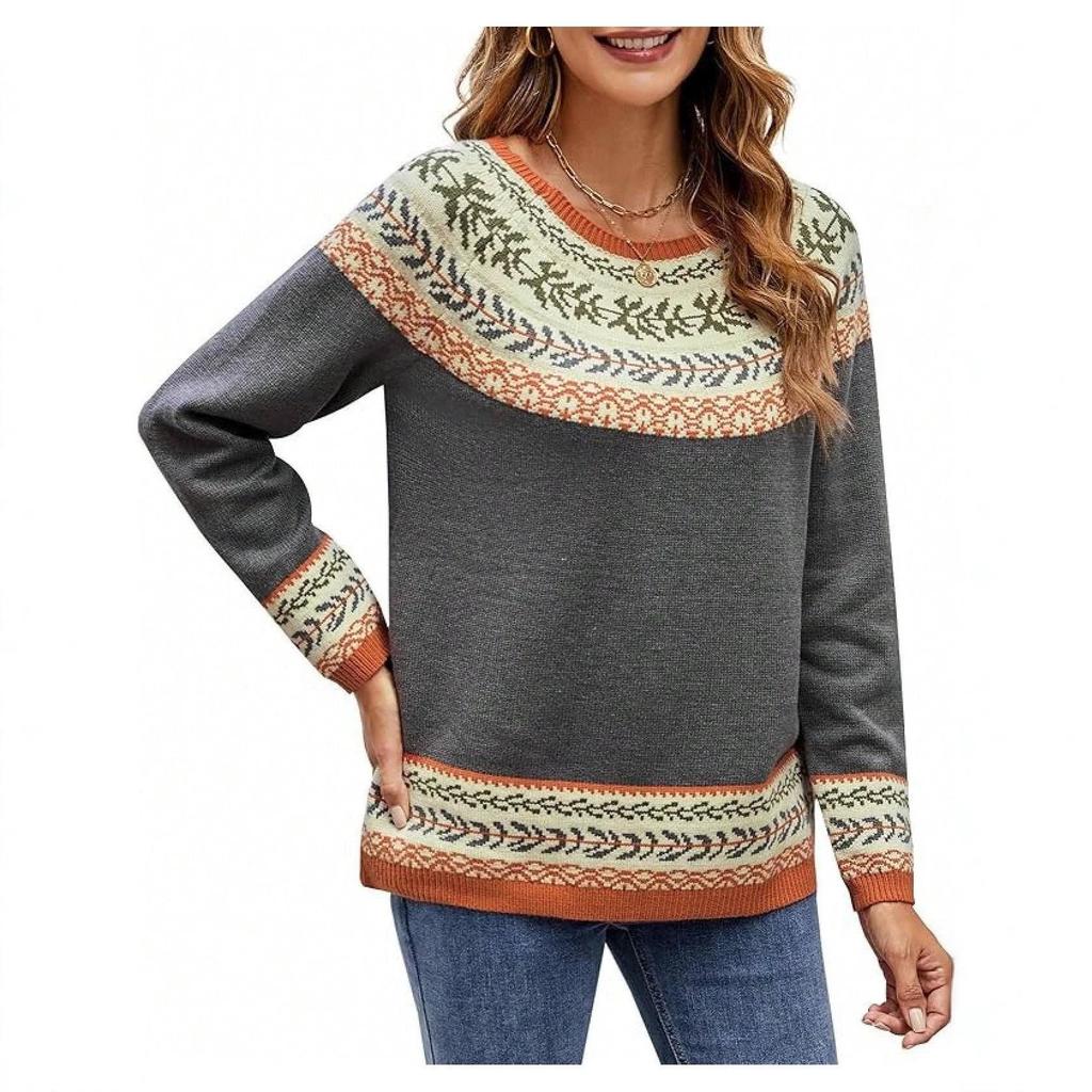 Pull Tricoté Style Américain Color Block pour Femme - Manches Longues Décontracté Col Rond