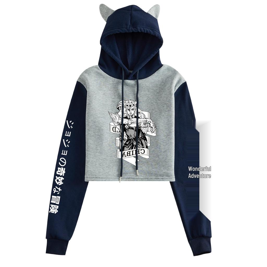 JOJO's Bizarre Adventure Cat Ear Color Block Hoodie - Women’s Anime Loose Jacket for Spring/Autumn