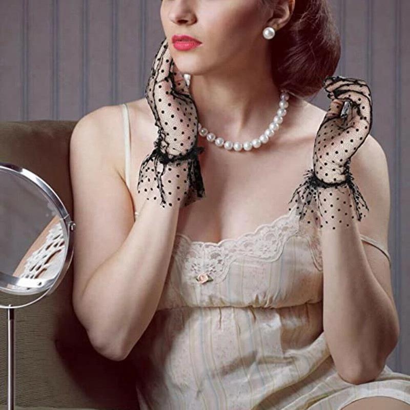 1 Pair Women Thin Short Tulle Gloves Stretchy Lace Spots Sheers Flexible Accessories Full Finger Short Gloves