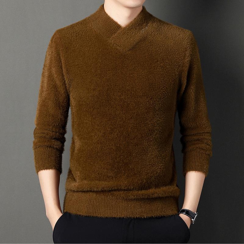 Young and Middle-aged Men's New Spring and Autumn Long-sleeved Cross-neck Embroidered Mink Velvet Sweater Is Slim and Handsome