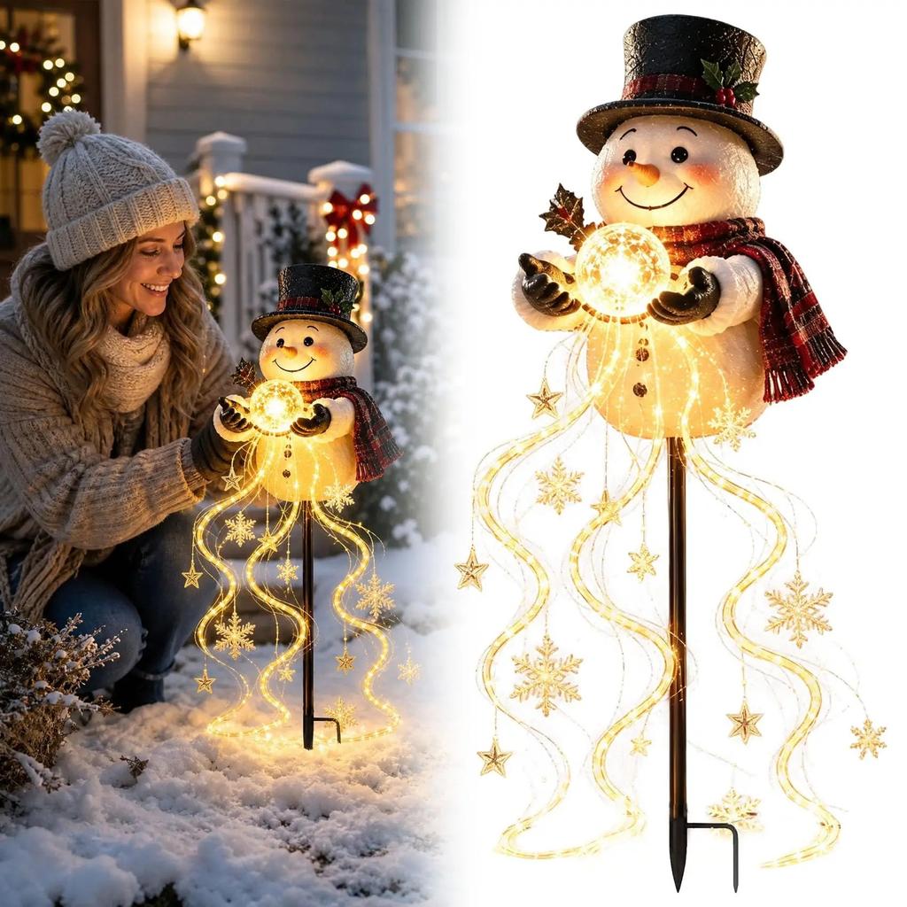 Christmas magic snowman with floating snowflake LED garden lights, snowman magic fountain star waterfall, patio ambiance lights