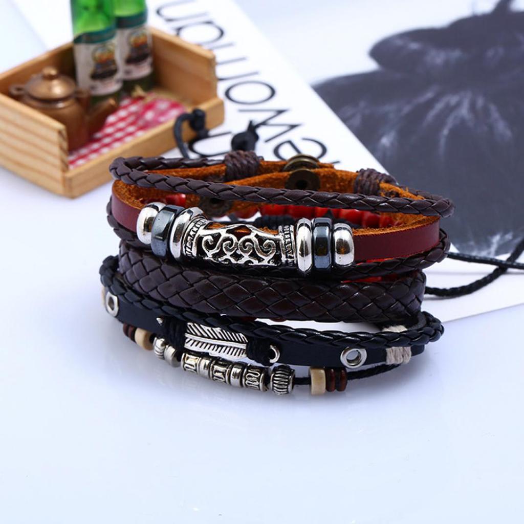 4 Pcs Retro Punk Men Beads Faux Leather Braid Multi Layers Adjustable Bracelets
