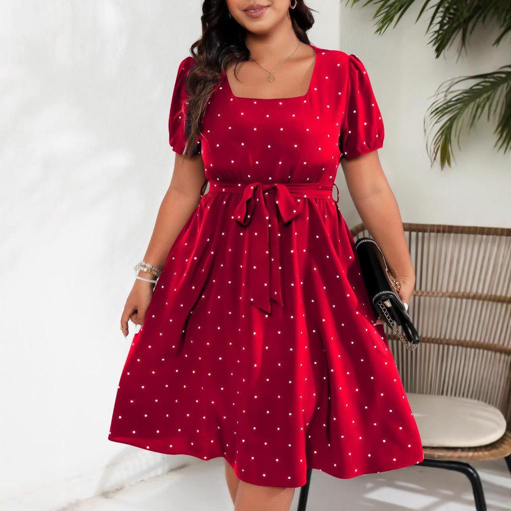 Vestito a trapezio con scollo quadrato e cinturino in vita, elegante, vintage, da donna, taglie forti