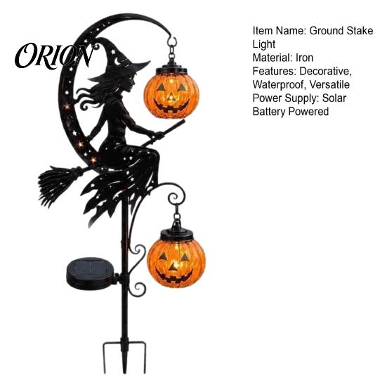 Hexe Kürbis Gartenstecker Solarbetrieben Halloween Erdspießleuchte, Metallbesen Mond Hof für Herbstfest Statue Außen Skulptur Dekor