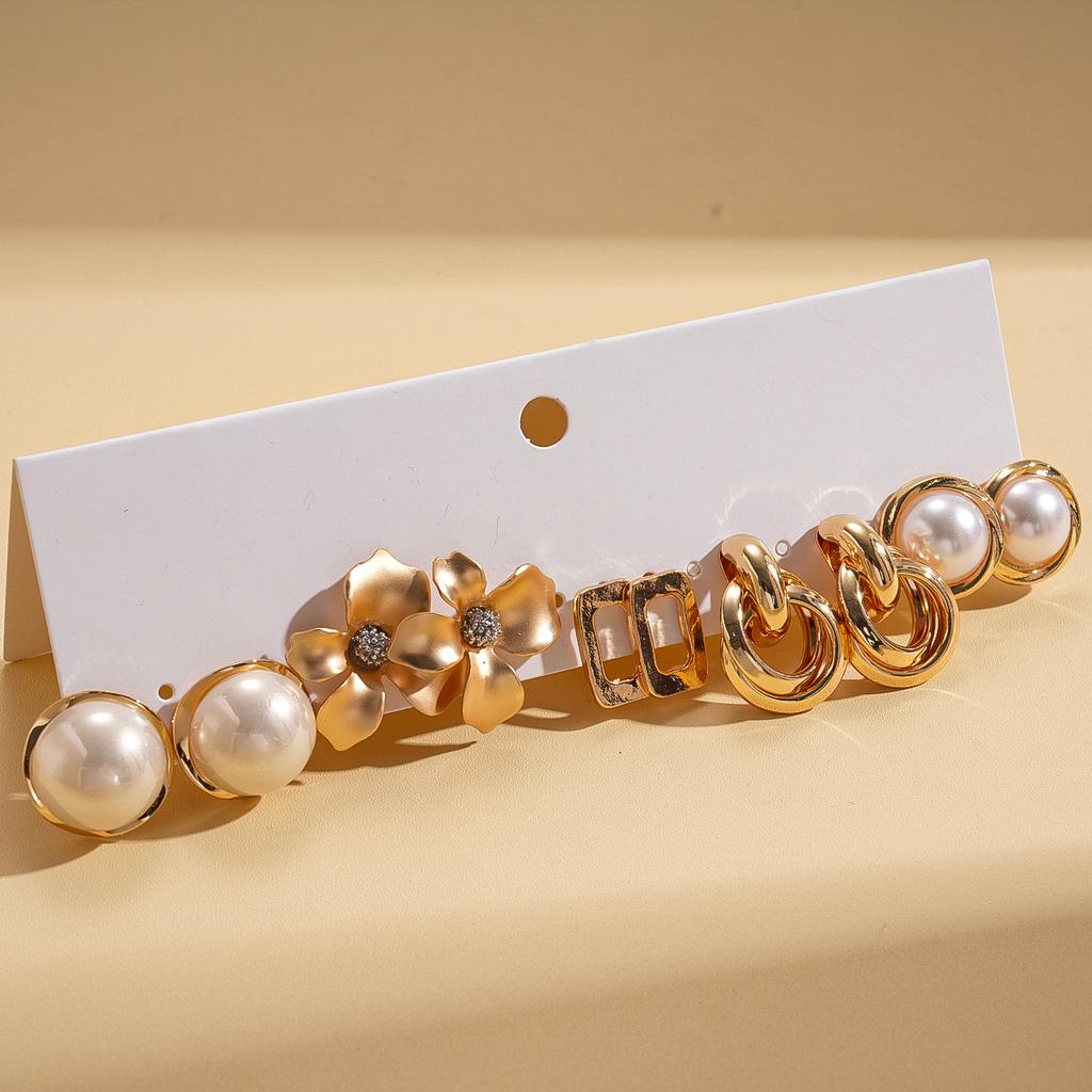 Ten-piece Set of Imitation Pearl Flower Round Square Silver Needle Stud Earrings Elegant Niche Earrings