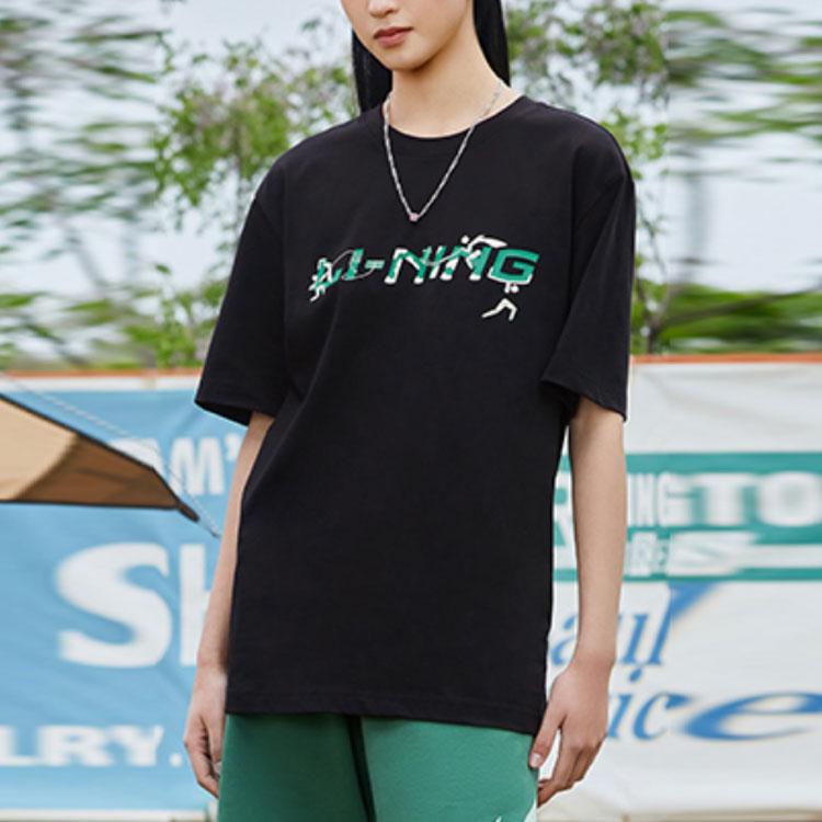 Li Ning Sports Fashion Series Letter Logo Round Neck Pullover Short Sleeve T-Shirt Unisex T-Shirt Black AHSSC35-1