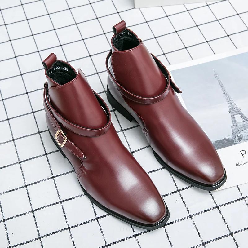 

Новые красные пряжки мужские ботинки черно-коричневые ботильоны квадратный носок деловые мужские туфли ручной работы Bottes Pour Hommes 38 красный