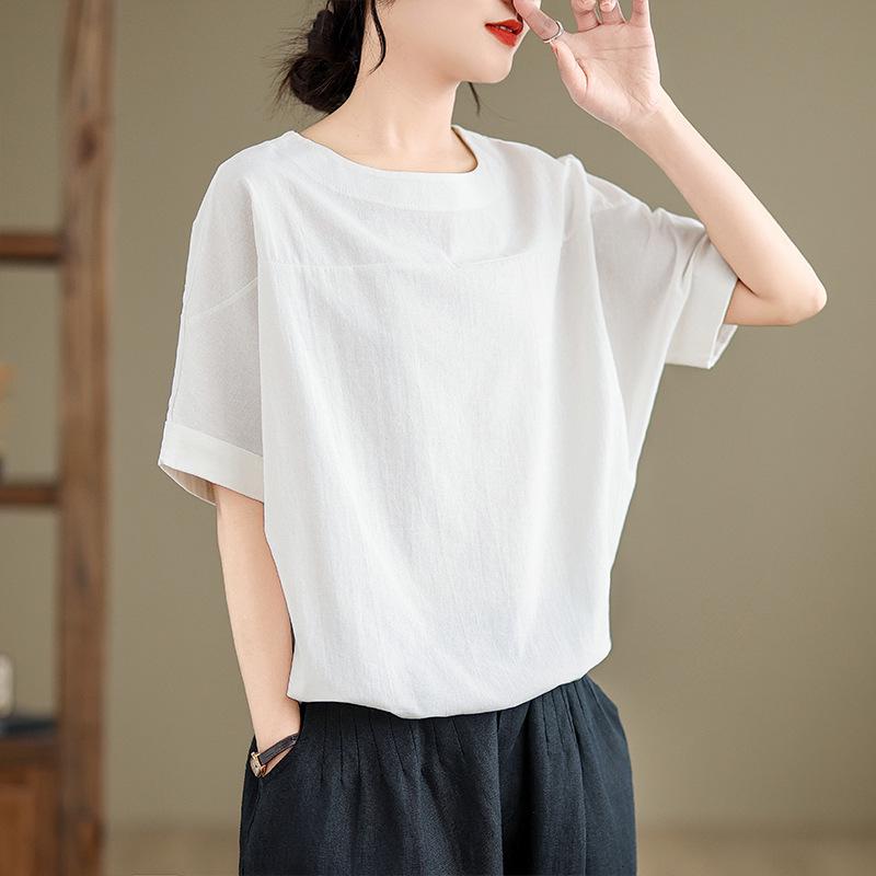 

Women s Summer Loose-Fit Solid Color Round Neck T-Shirt L білий