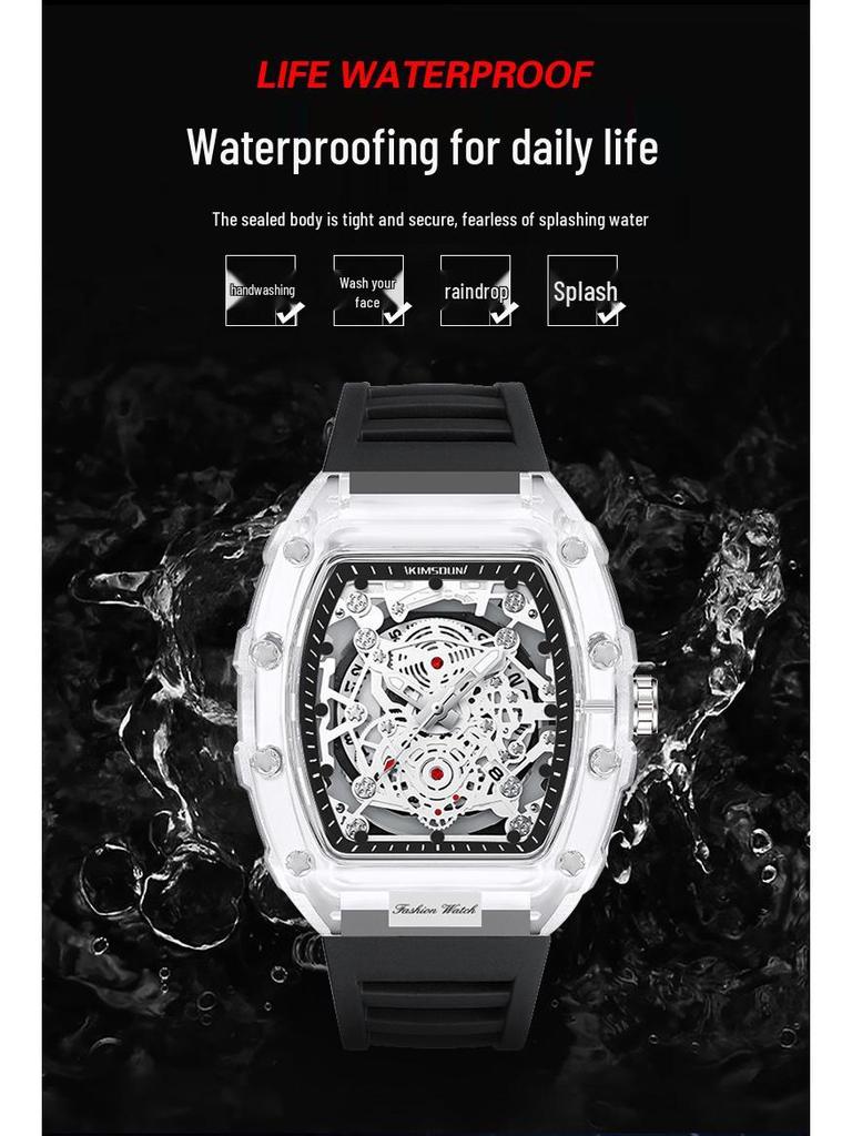 Men's Transparent Barrel-Shaped Quartz Waterproof Wristwatch