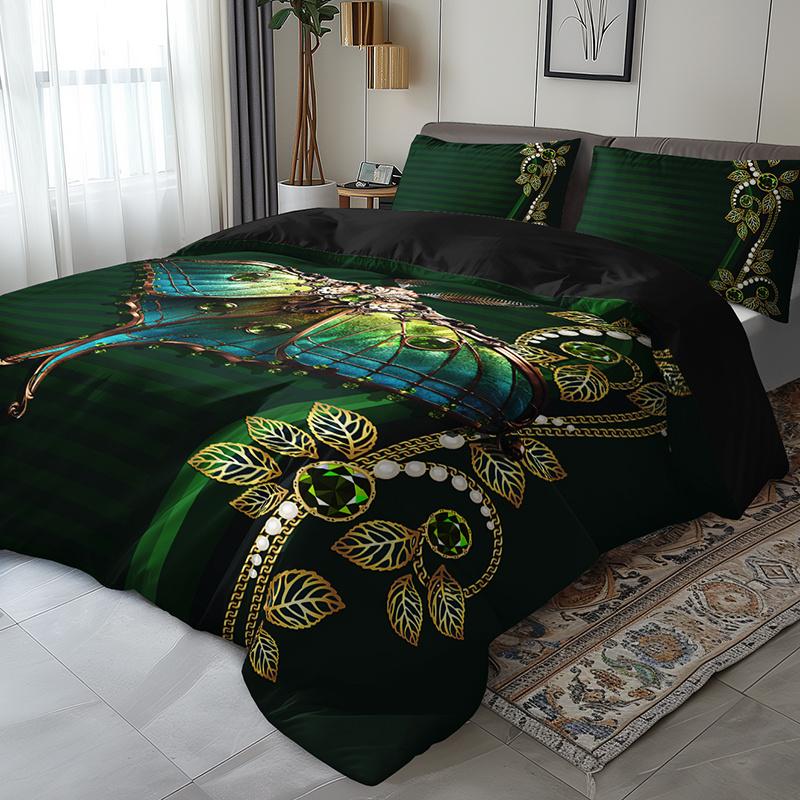 3Pcs Luxury Green Emerald Moth Bedding Duvet Cover Set Steampunk Moth Bedding Quilt Set Insect Themed Bed Quilt Set Bohemian