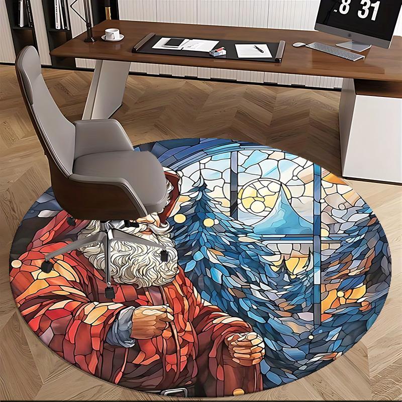 1pc Christmas Santa Claus Stained Glass Round Carpet Office Chair Mat, Non Slip Rug for Home Decor, Living Room, Bedroom, Game Room, Holiday Gift