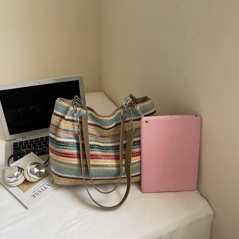 Seaside Holiday Beach Bag Women's Large Capacity Striped Straw Tote Bag