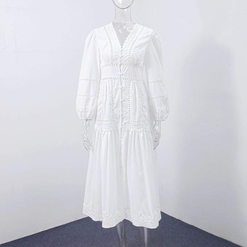 Spot Foreign Trade Summer Collar Lace Long Sleeve Lantern Sleeve Hollow Button Fashion Casual Women's Long Dress