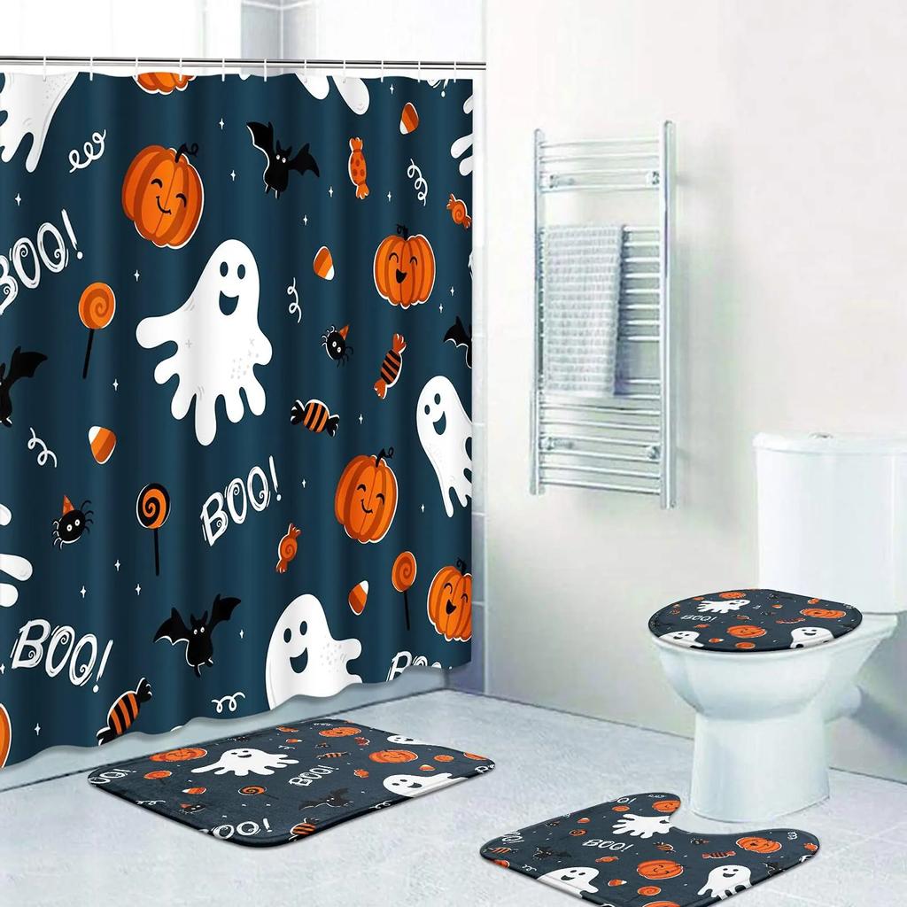 Shower Curtain Set Thanksgiving Pumpkins Fall Leaves November Season With Non-Slip Rugs Toilet Lid Cover Bath Mat Bathroom Set