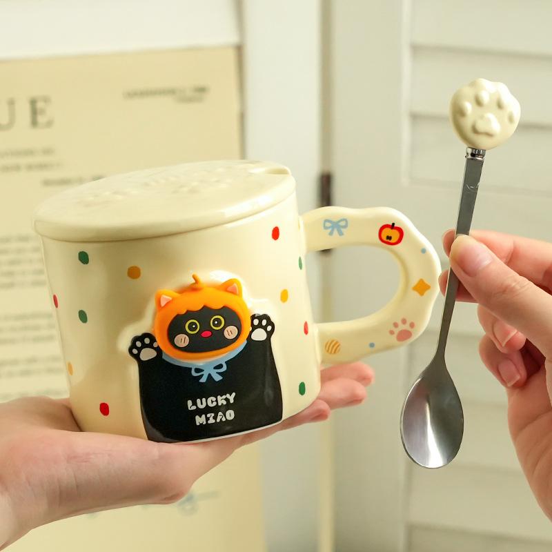 

High Value Cat Ceramic Mug with Lid for Household Coffee Couple Cup Practical Hand Souvenir Gift Water Cup 401-500ml