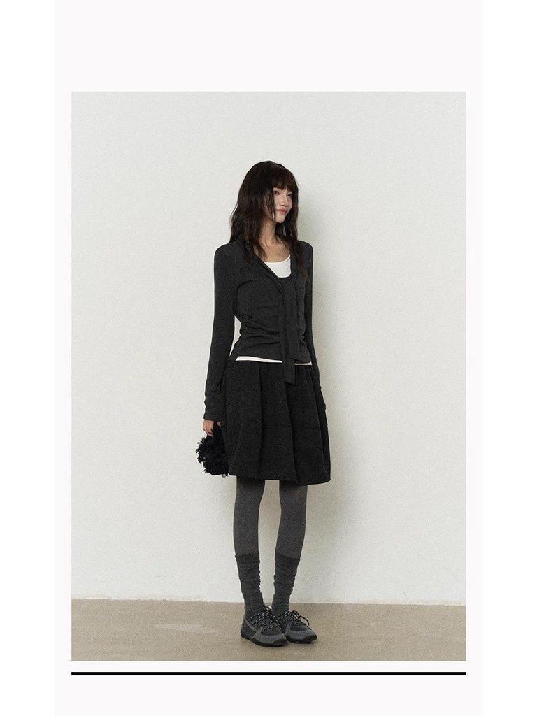Vintage High-Waisted Wool Midi Skirt with Pockets - Gray Fluffy Design for Autumn/Winter