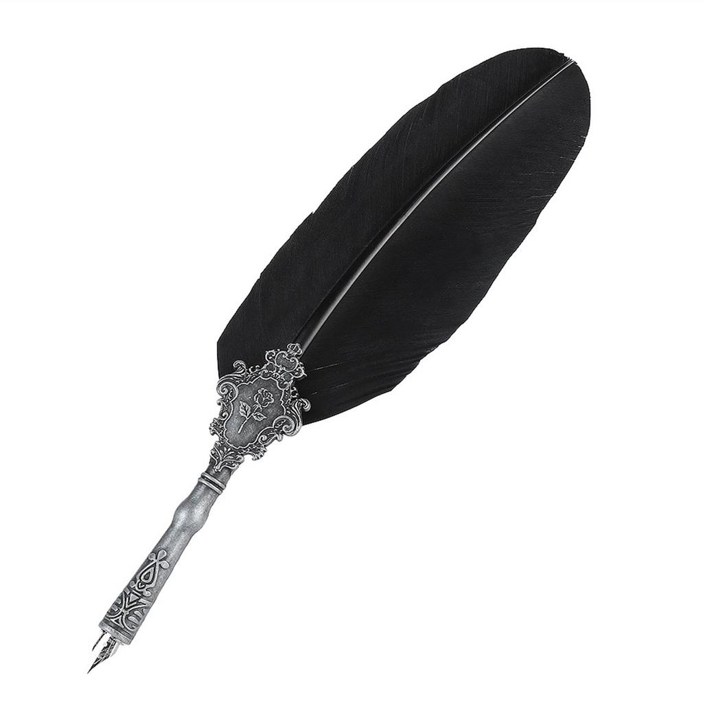 Retro Quill Alloy Feather Writing with Pen Nibs Gift Box Quill Set with Ink Bottle Black