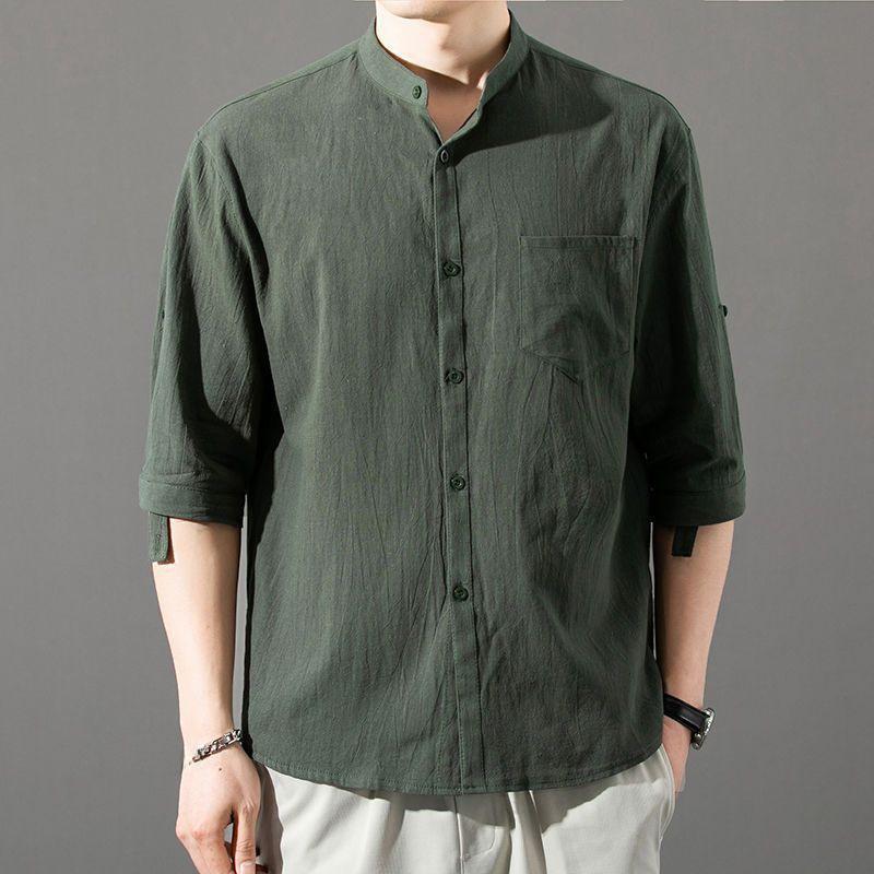 Men's Trendy Summer Cotton-Linen Stand Collar Shirt, Short-Sleeved, Loose Fit
