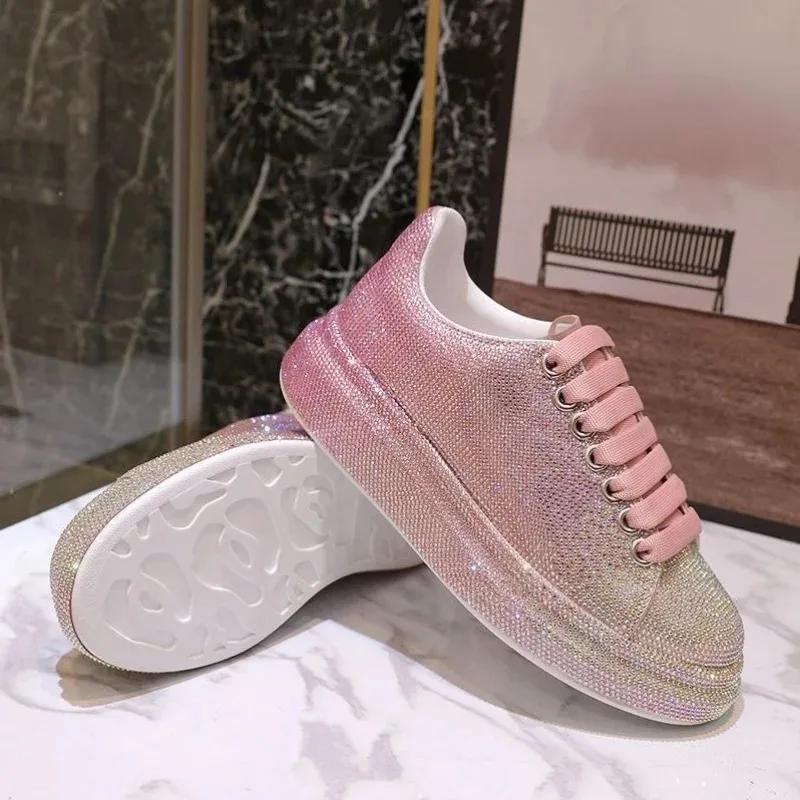 2024 Autumn Leather Women Shoes New Style Pink Platform Shoes Ins Platforms Sneakers Tide Shine Bling Rhinestone Shoes