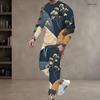 Men S Plus Size Blue Beige White Printed Two Piece Set Round Neck Long Sleeve Top Cuffed Pants