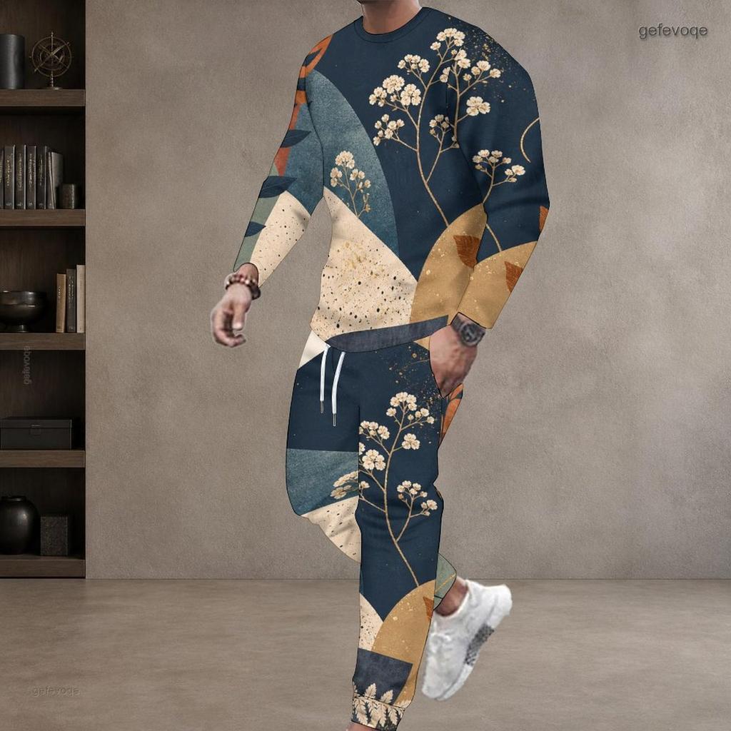 Men S Plus Size Blue Beige White Printed Two Piece Set Round Neck Long Sleeve Top Cuffed Pants