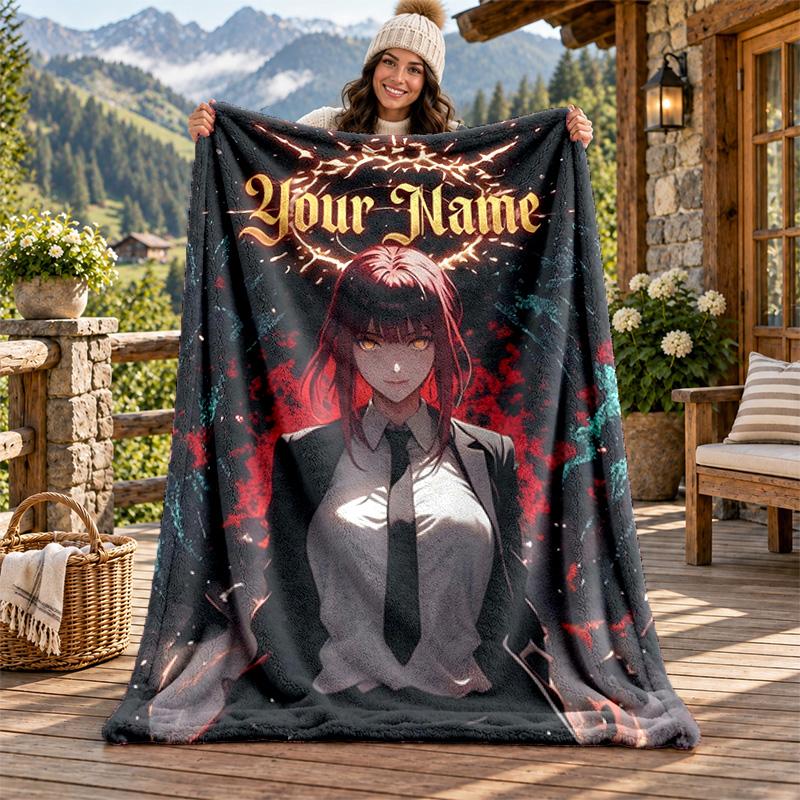 Chainsaw Man Custom Name Flannel Blanket Personalized Soft Warm Plush Throw Blanket Customized Gift for Family Friends