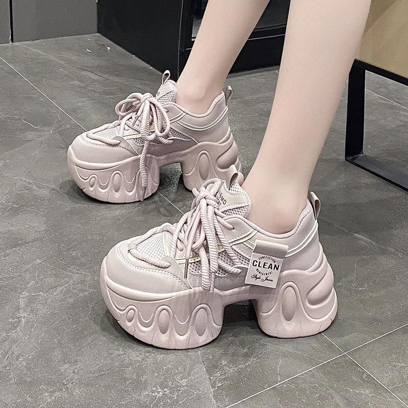 Fashion New Fashion Chunky Sneakers Women Spring Autumn Lace Up Platform Sports Shoes Woman 8CM Thick Bottom High Heels Female Sneakers