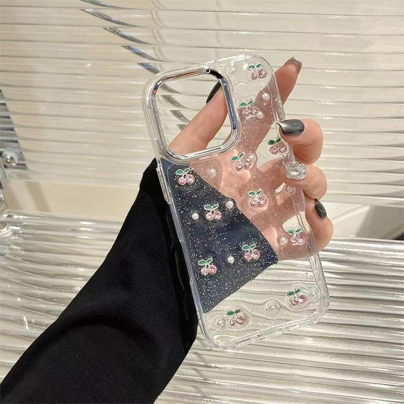 

For Iphone17Promax Transparent Glitter Drip Adhesive Phone Case Pearl Apple 16Pro Cherry 15 Fashion iPhone 7/8/SE 2020