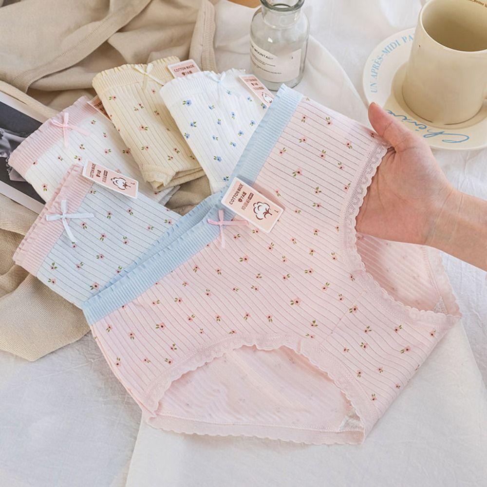 5Pcs Bowknot Lace Flower Panties Cotton Crotch Underwear for Women Sweet Floral Briefs  Gifts