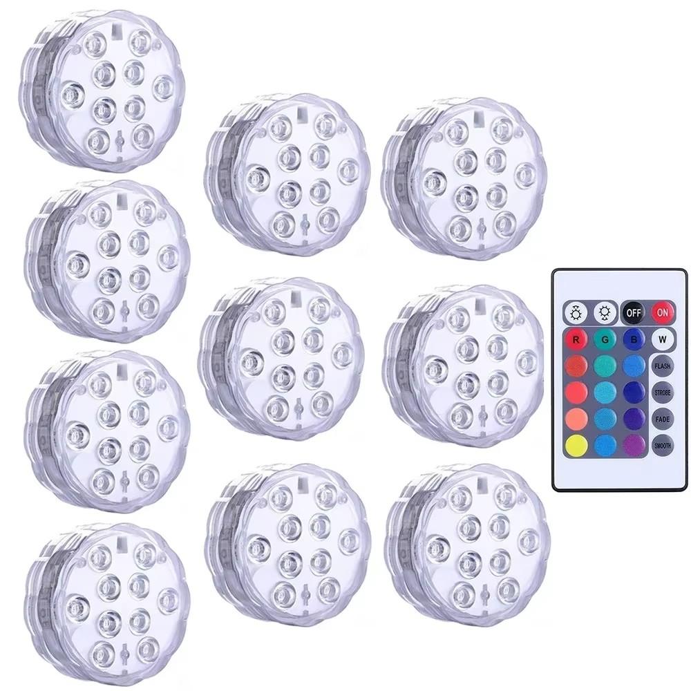 Battery Operated 10leds RGB Led Submersible Lights Underwater Night Lamp Garden Swimming Pool Lights for Wedding Party Vase Bowl