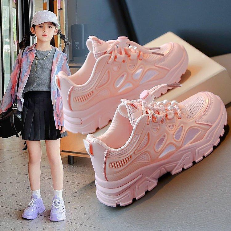 Girls shoes sneakers 2025 summer new mesh breathable medium and large children girls dad shoes children's white shoes tide