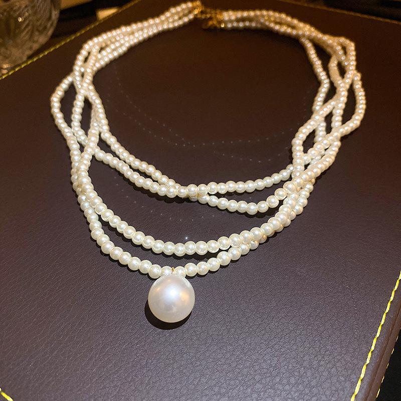 French round long multi-layer pearl ingot necklace temperament collarbone chain sweater chain necklace jewelry women