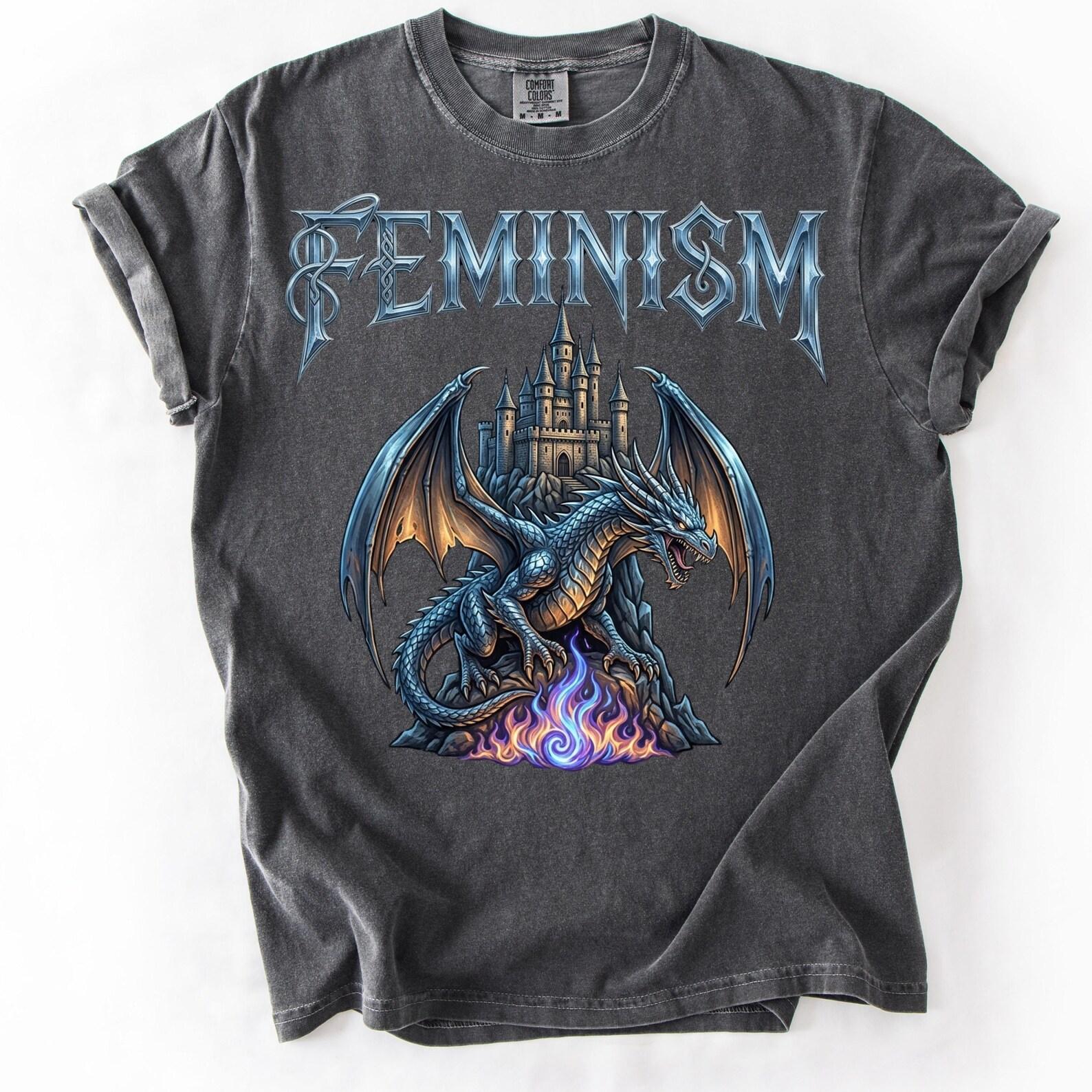 Feminism Dragon T Shirt Gothic Fantasy Castle Graphic Tee Feminist Vintage Acid Wash Metal Aesthetic Unisex Tshirt Empowerment Retro 2XL