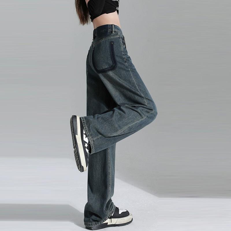 

Women s Retro High-Waisted Contrast Leather Patch Jeans, U-Shaped Pockets, Straight Wide-Leg Trousers Small
