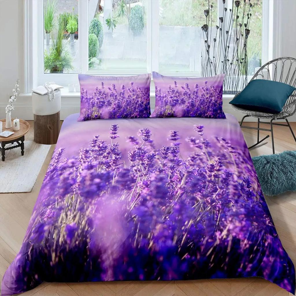 Lavender King Queen Duvet Cover Purple Flower Butterfly Bedding Set Abstract Marble Floral Comforter Cover Polyester Quilt Cover