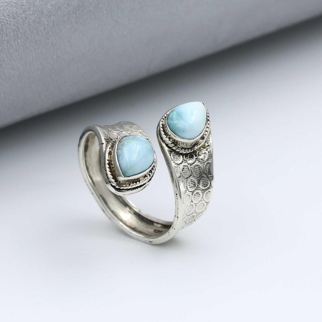 925 Sterling Silber Natürlicher Larimar Edelstein Geburtsstein Ring, Statement Ring, Böhmischer Ring