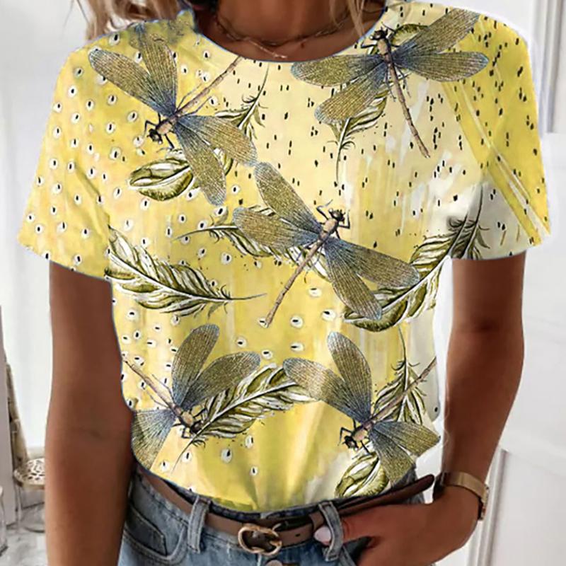 

Женская летняя футболка тренд принт стрекозы ретро мода футболки с коротким рукавом повседневные принтованные топы 8XL жёлтый