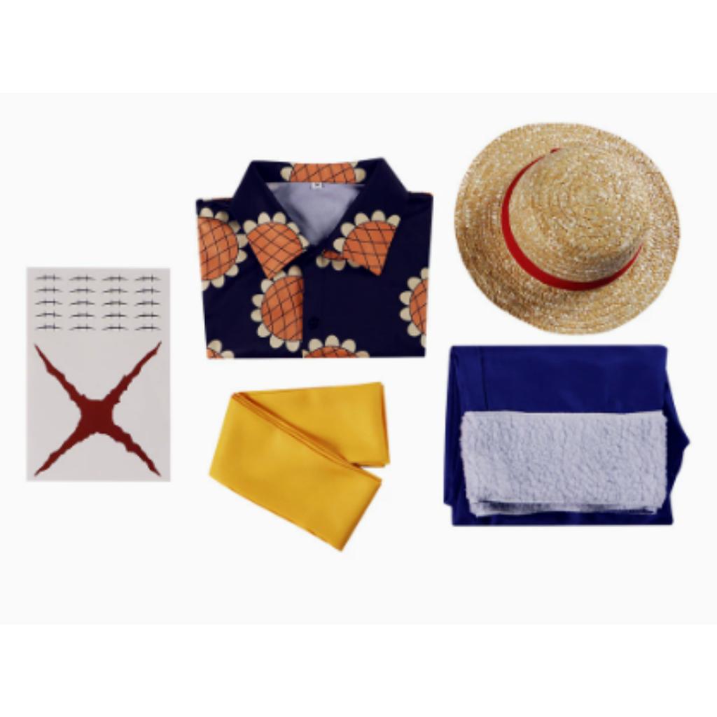 One Piece Onigashima Monkey D Luffy Cosplay Kostüm, Schwarzer Umhang Rote Weste Gelbe Hose mit Strohhut, Anime Halloween Rollenspiel Outfit für Erwachsene Kinder