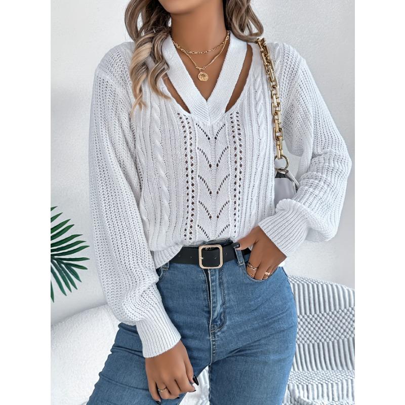Einfarbiger V-Ausschnitt mit Lochmuster Langarm-Pullover für Herbst und Winter Freizeiturlaub.