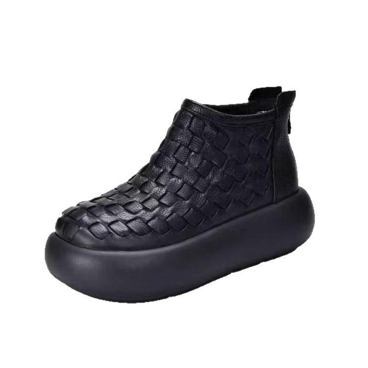 Foreign Style Thick-soled Woven Pattern New Martin Boots Women's 2025 Autumn and Winter Round Head Retro Height-increasing Short Tube One-pedal Leathe